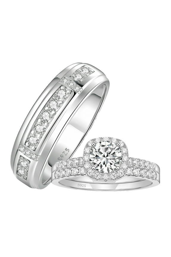Wedding Ring Sets His and Her 3Pcs 925 Sterling Silver 5A CZ Engagaement Ring Set Wedding Couple Rings 8&6