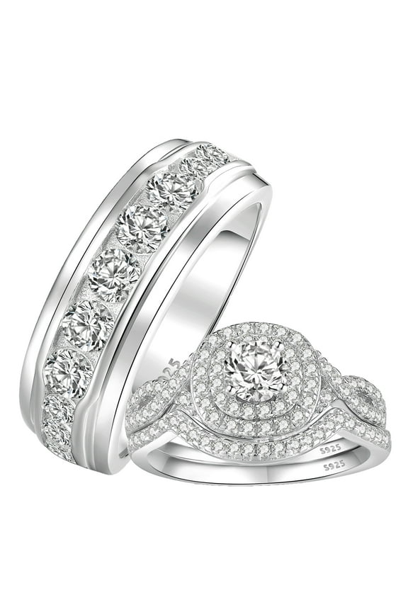 Wedding Ring Sets His and Her 3Pcs 925 Sterling Silver 5A CZ Ring Set for Couples Engagement Ring Women Mens Band Size 8&6