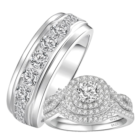 SFTING Wedding Ring Sets His and Her 3Pcs 925 Sterling Silver 5A CZ Ring Set for Couples Engagement Ring Women Mens Band Size 9&5