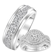 Ringcrown Couple Rings Set - Women's 925 Silver White Gold Plated With CZ, Men's Titanium Band (Wedding, Anniversary)