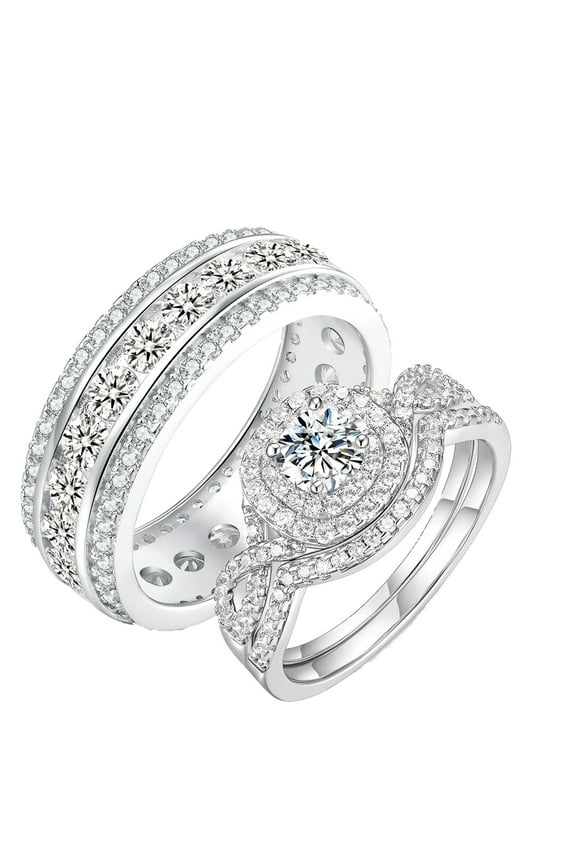 Wedding Ring Sets His and Hers 3Pcs 925 Sterling Silver 5A CZ Couple Wedding Rings Engagaement Ring Set for Him and Her Size 9&7