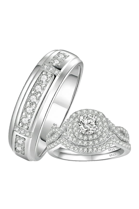 Wedding Ring Sets His and Hers 3Pcs 925 Sterling Silver 5A CZ Couple Wedding Rings Promise Engagement Ring Women Mens Band Size 9&6
