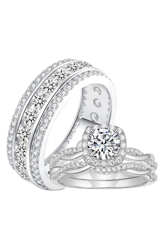 Wedding Ring Sets His and Hers 3Pcs 925 Sterling Silver 5A CZ Enternity Engagaement Ring Set for Copule Size 11&7