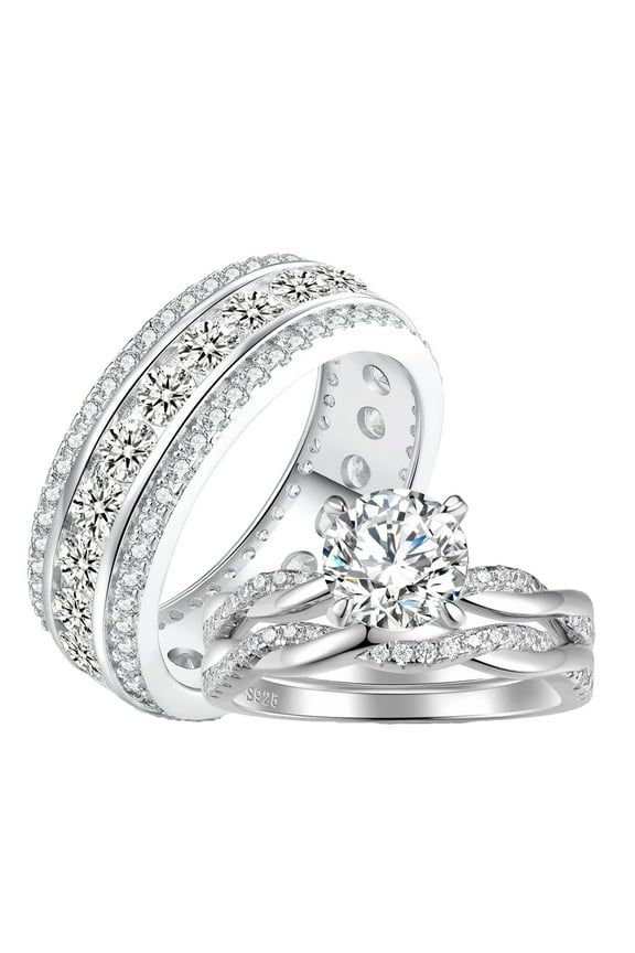 Wedding Ring Sets His and Hers 3Pcs 925 Sterling Silver 5A CZ Rings Set for Couples Engagaement Ring Set Size 9&7