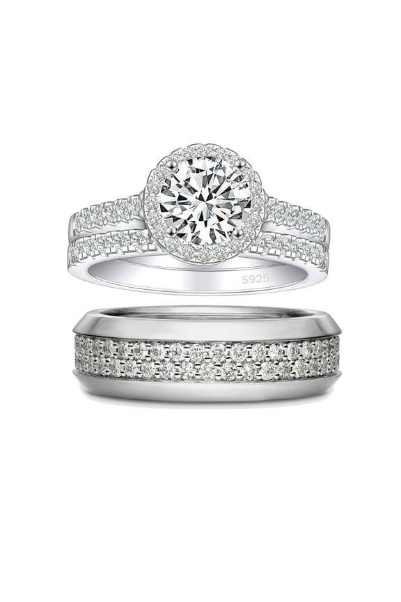 Wedding Ring Sets His and Hers 3pc 925 Sterling Silver 5A CZ Couple Wedding Rings Engagement Ring Set Women Mens Band Size 9&7
