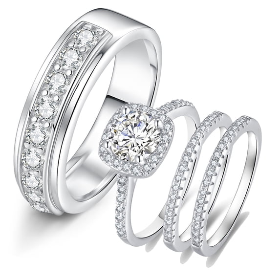 SFTING Wedding Ring Sets His and Hers 4Pcs 925 Sterling Silver 5A CZ Engagaement Ring Set Couple Wedding Rings Size 10&7