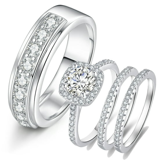 SFTING Wedding Ring Sets His and Hers 4Pcs 925 Sterling Silver 5A CZ Engagaement Ring Set Couple Wedding Rings Size 9&7