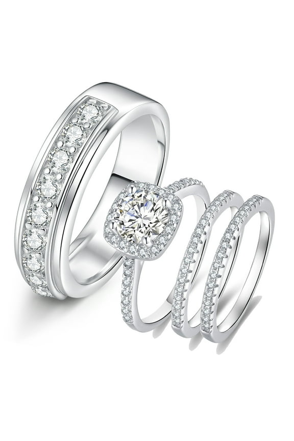 Wedding Ring Sets His and Hers 4Pcs 925 Sterling Silver 5A CZ Engagaement Ring Set Couple Wedding Rings Size 9&7