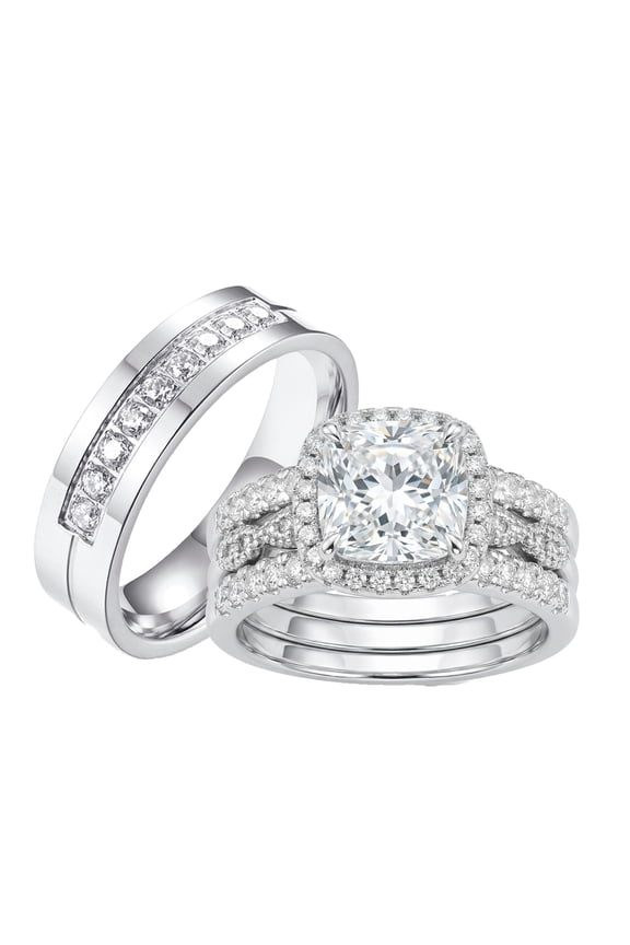 Wedding Ring Sets for Him and Her Couple Rings Women 18K Plated Engagement Anniversary Silver Men Ring Titanium Steel Size 10&8