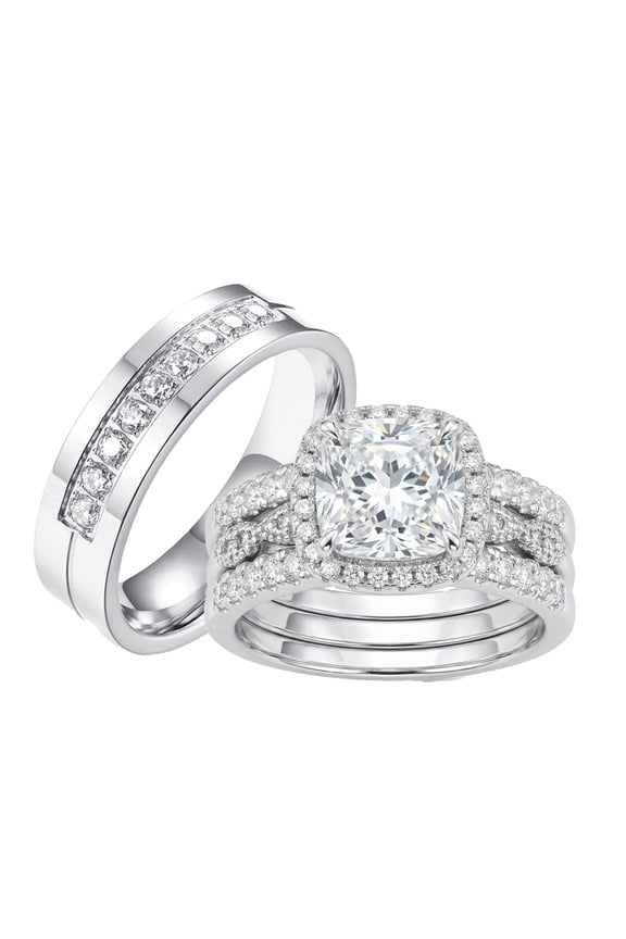 Wedding Ring Sets for Him and Her Couple Rings Women Engagement Anniversary Silver Plated Men Ring Titanium Steel Size 8&10