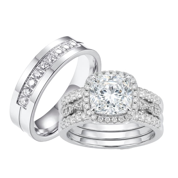 SFTING Wedding Ring Sets for Him and Her Couple Rings Women 18K Plated Engagement Anniversary Silver Men Ring Titanium Steel Size 9&7