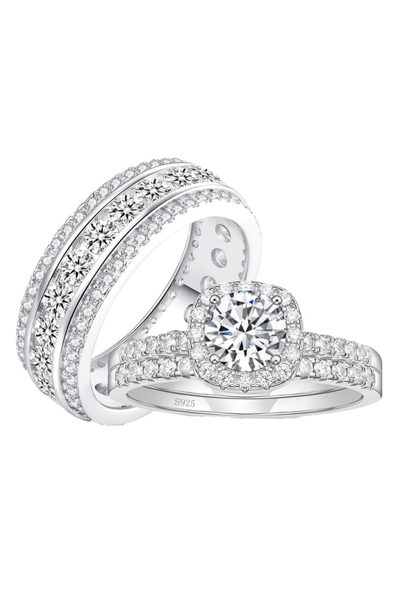 Wedding Ring Sets for His and Hers 3Pcs 925 Sterling Silver 5A CZ Promise Engagaement Ring Set for Couple Wedding Rings Size 8&5