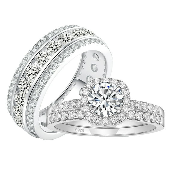 SFTING Wedding Ring Sets for His and Hers 3Pcs 925 Sterling Silver 5A CZ Promise Engagaement Ring Set for Couple Wedding Rings Size 8&7