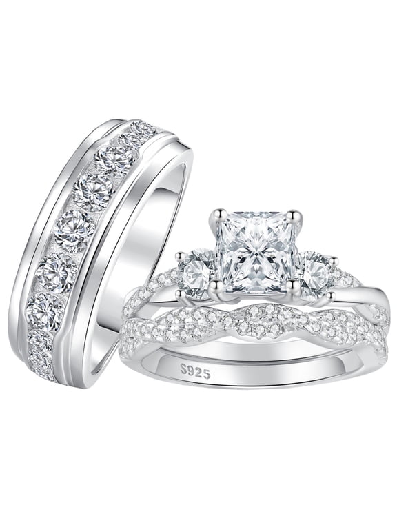 Wedding Ring Sets for His and Hers 3pcs 925 Sterling Silver Engagement Promise Ring Set for Couples Women Mens Band 5A CZ Size 9&7