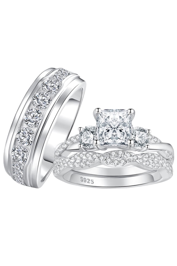 Wedding Ring Sets for His and Hers 3pcs Engagement Promise Ring Set for Couples Silver 18K Plated Women Mens Band 5A CZ Size 9&7