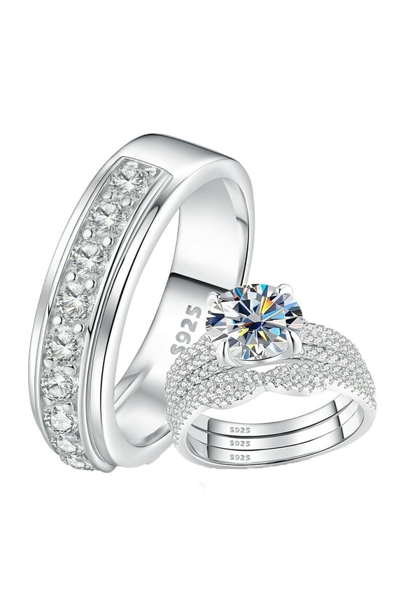 Wedding Ring Sets for His and Hers 4Pcs 925 Sterling Silver 5A CZ Engagaement Ring Set Couple Wedding Rings 10&8