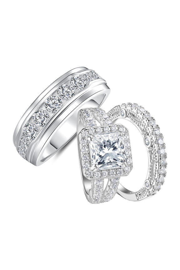 Wedding Ring Sets for His and Hers Engagaement Ring Set 3pcs Wedding Couple Rings Silver 18K Plated Women Mens Band 5A CZ Size 11&10