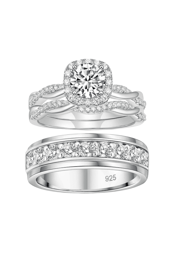 Wedding Ring Sets for His and Hers Promise Couples Wedding Rings Halo Wedding Bands 925 Sterling Silver Cz Size 9&7