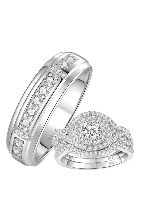 Wedding Rings Set His and Her 4Pcs 925 Sterling Silver 5A CZ Eternity Engagement Rings Set for Couples Size 9&7