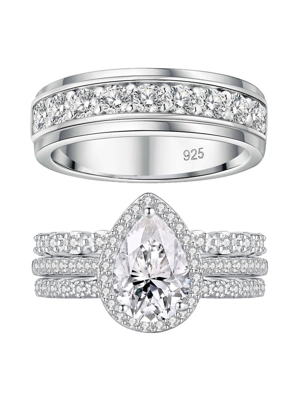 Wedding Rings Set His and Her 925 Sterling Silver 4Pcs Couple Wedding Rings 5A CZ Engagaement Ring Set Size 10&9