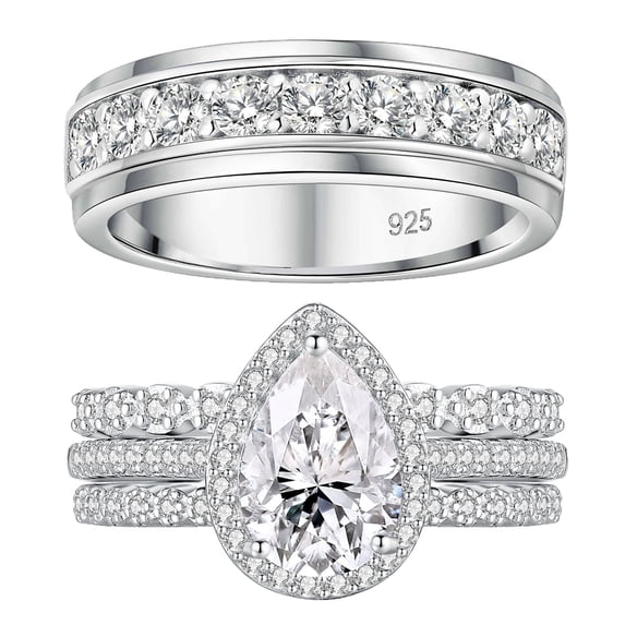 SFTING Wedding Rings Set His and Her 925 Sterling Silver 4Pcs Couple Wedding Rings 5A CZ Engagaement Ring Set Size 9&10