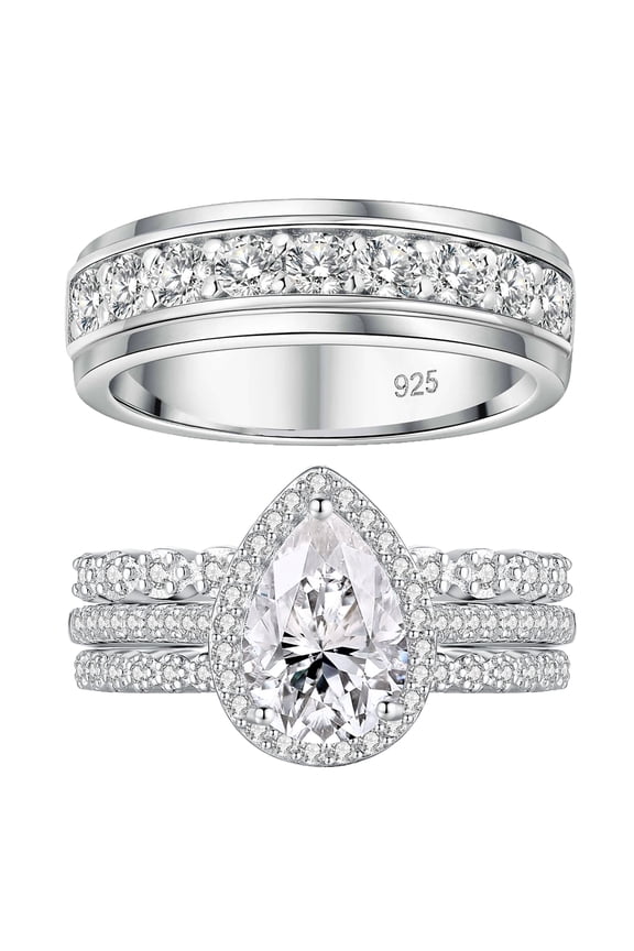 Wedding Rings Set His and Her 925 Sterling Silver 4Pcs Couple Wedding Rings 5A CZ Engagaement Ring Set Size 9&8