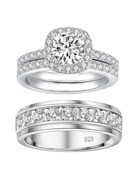 Wedding Rings Set His and Her Moissanite 925 Sterling Silver 3PCS Couple Engagement Rings Women Mens Band D Color VVS1 Size 8&8