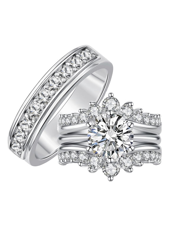 Wedding Rings Set for His and Her Moissanite 3pcs Engagement Promise Ring Silver Plated Couple Wedding Rings Women Mens Band D Color VVS1 Size 9&7