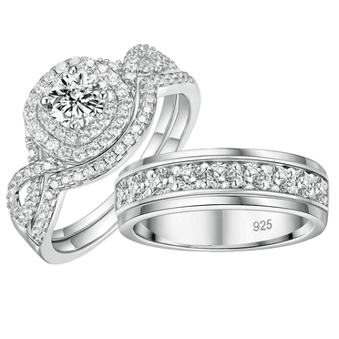 SFTING Wedding Rings Set for Him and Her Women Men Wedding Ring Halo Eternity Round Cut 925 Sterling Silver AAAAA CZ Size 8&8