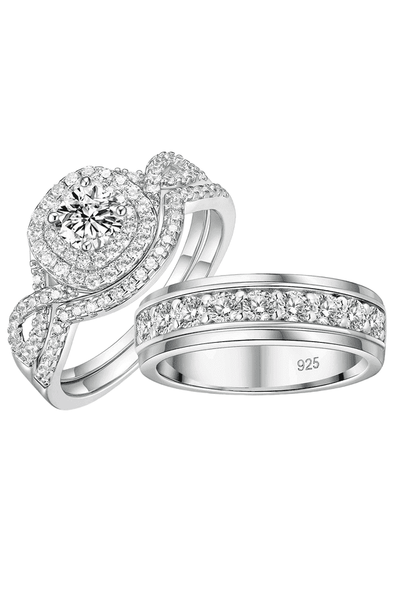 Wedding Rings Set for Him and Her Women Men Wedding Ring Halo Eternity Round Cut 925 Sterling Silver AAAAA CZ Size 9&7