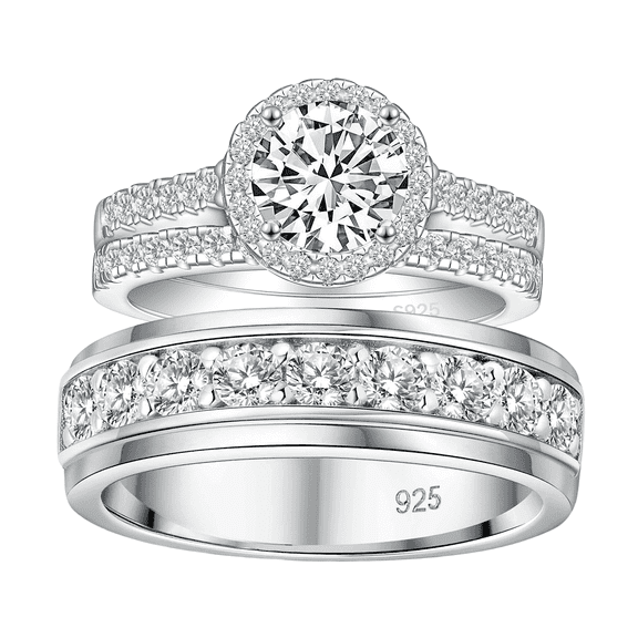 SFTING Wedding Rings Set for Him and Her Women Men Wedding Ring Halo Round Cut 925 Sterling Silver AAAAA CZ Size 10&5