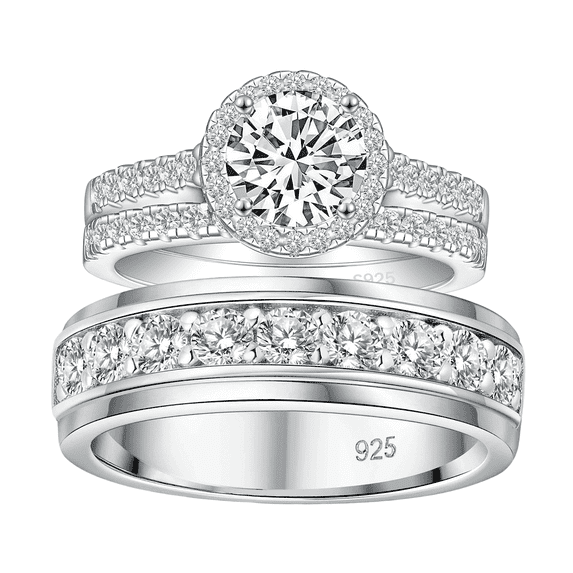 SFTING Wedding Rings Set for Him and Her Women Men Wedding Ring Halo Round Cut 925 Sterling Silver AAAAA CZ Size 10&8
