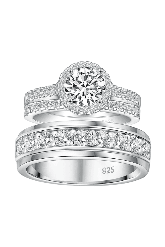 Wedding Rings Set for Him and Her Women Men Wedding Ring Halo Round Cut 925 Sterling Silver AAAAA CZ Size 10&8