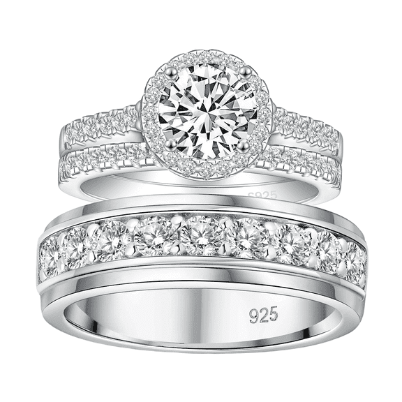 SFTING Wedding Rings Set for Him and Her Women Men Wedding Ring Halo Round Cut 925 Sterling Silver AAAAA CZ Size 10&9
