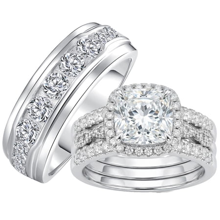 SFTING Wedding Rings Set for His and Her 3pcs Couples Wedding Ring Engagement Promise Ring Set Silver Plated Women Mens Band 5A CZ Size 9&7
