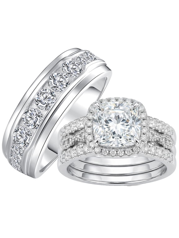 Wedding Rings Set for His and Her 3pcs Couples Wedding Ring Engagement Promise Ring Set Silver Plated Women Mens Band 5A CZ Size 9&7