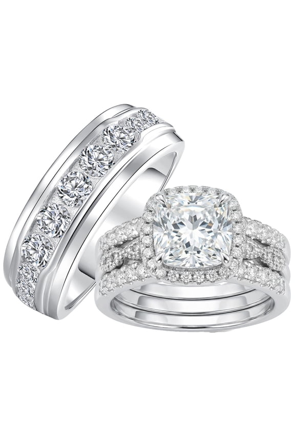 Wedding Rings Set for His and Her 3pcs Couples Wedding Ring Engagement Promise Ring Set Silver 18K Plated Women Mens Band 5A CZ Size 9&7