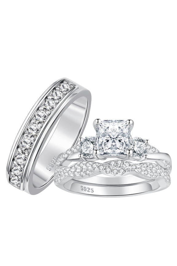 Wedding Rings Set for His and Her 925 Sterling Silver Couple Rings Set Princess Round Cut Men Ring Promise Engagement Rings Size 10&10