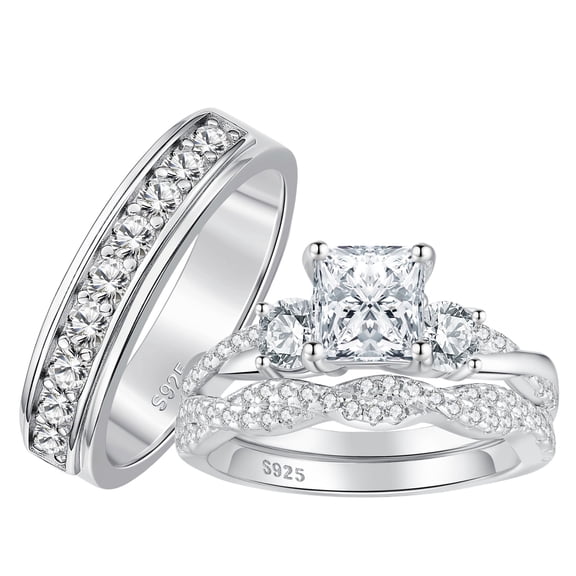SFTING Wedding Rings Set for His and Her 925 Sterling Silver Couple Rings Set Princess Round Cut Men Ring Promise Engagement Rings Size 9&7