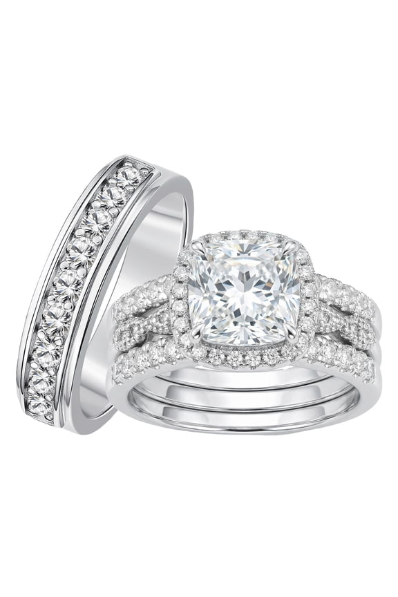 Wedding Rings Set for His and Her Couple Rings Cushion Round Cut Men Ring Silver Plated Engagement Promise Rings Size 10&10