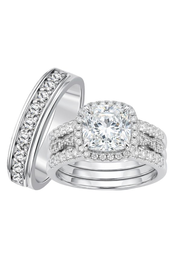 Wedding Rings Set for His and Her Couple Rings Cushion Round Cut Men Ring Silver Plated Engagement Promise Rings Size 9&7