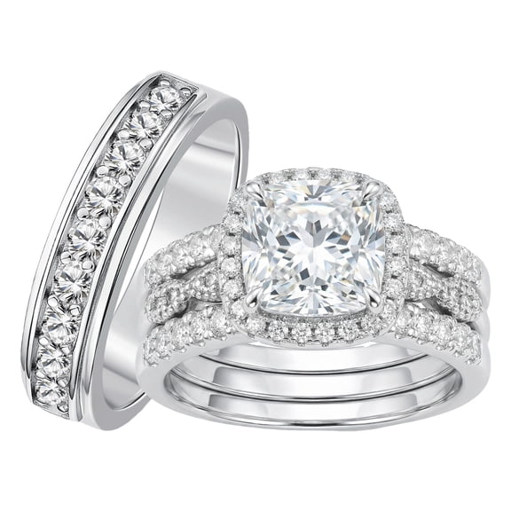 SFTING Wedding Rings Set for His and Her Couple Rings Cushion Round Cut Men Ring Silver Plated Engagement Promise Rings Size 9&7