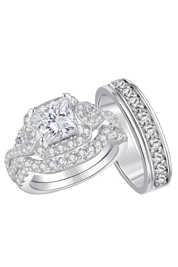 Wedding Rings Set for His and Her Halo Princess Round Cut Couple Rings Channel Pave Engagement Ring Men Band Silver Plated Size 10&10