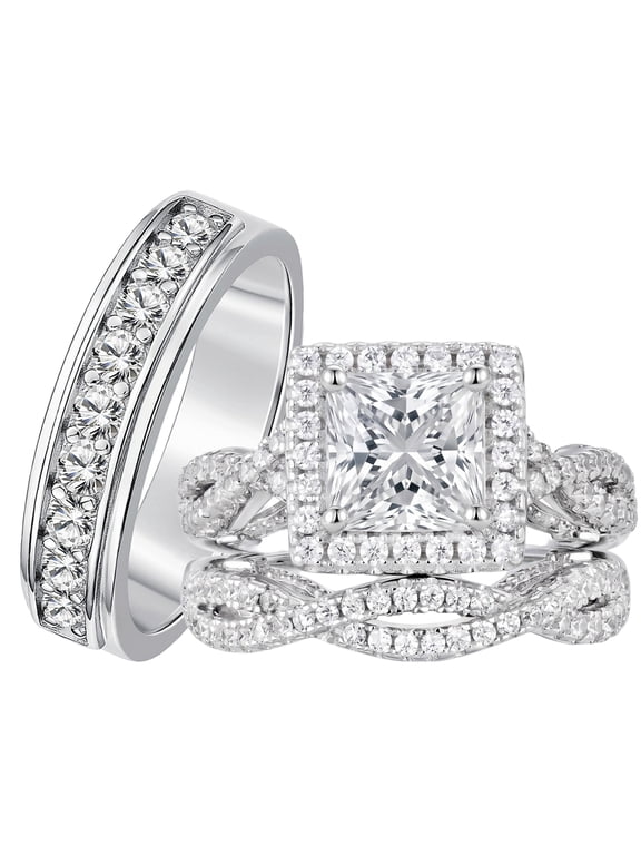 Wedding Rings Set for His and Her Halo Princess Round Cut Men Band Couple Rings Twisted Engagement Ring Silver Plated Size 10&6