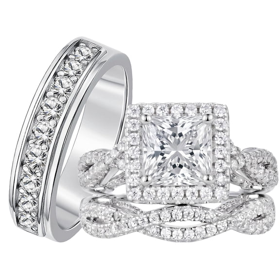 SFTING Wedding Rings Set for His and Her Halo Princess Round Cut Men Band Couple Rings Twisted Engagement Ring Silver Plated Size 9&7