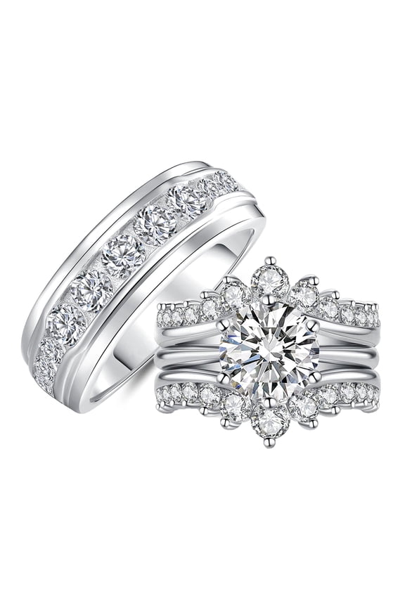 Wedding Rings Set for His and Her Moissanite 3pcs Rings Set for Couples Silver 18K Plated Couple Wedding Rings Size 9&6