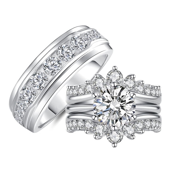 SFTING Wedding Rings Set for His and Her Moissanite 3pcs Rings Set for Couples Silver 18K Plated Couple Wedding Rings Size 9&7