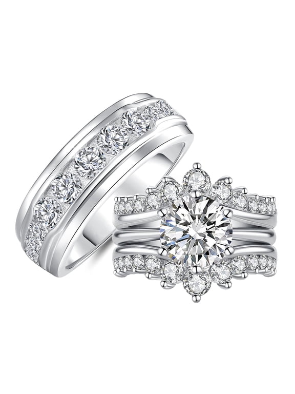 Wedding Rings Set for His and Her Moissanite 3pcs Rings Set for Couples Silver Plated Couple Wedding Rings Size 9&7