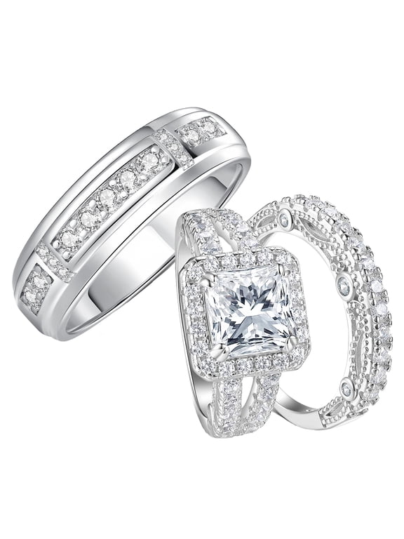 Wedding Rings Set for His and Her Promise Couple Rings Silver Plated Engagement Rings Set for Couples Size 10&8