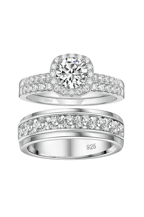 Wedding Rings Set for His and Her Women Men Wedding Ring Round Cut 925 Sterling Silver AAAAA CZ Size 9&7